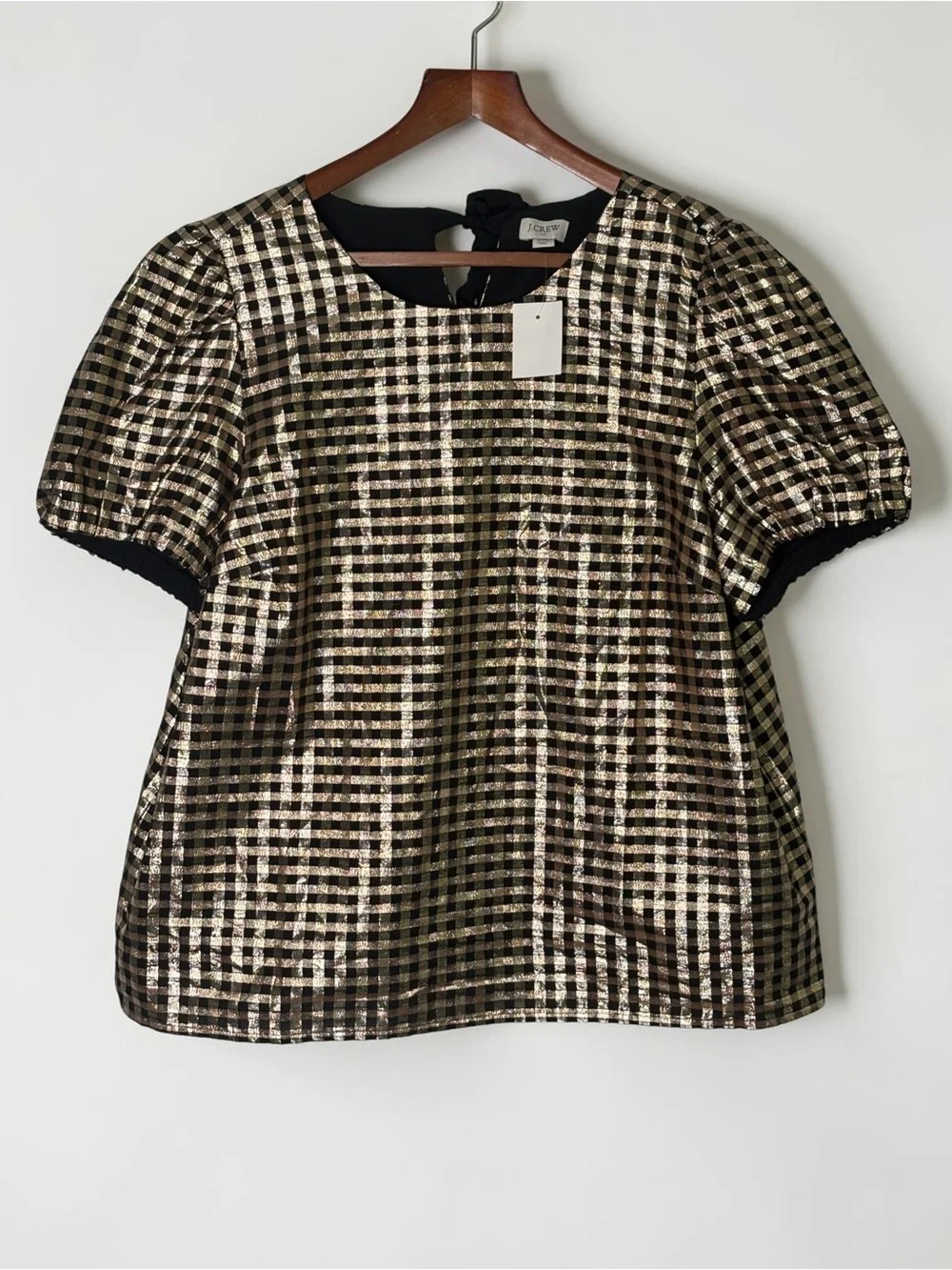 NWT J.Crew Factory Lurex Metallic Threads Puff-Sleeve Top Black Gold XXL